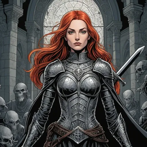 Prompt: M.c.Escher , Graphic novel style,  vector art style, Beautiful 45-years-old redheaded woman with long nose and diabolic smile in comic book style, sword , monsters in background, very long and extreme straight hair, black shiny patterned armor, medieval setting, dynamic pose, high-quality illustration, detailed comic book style, escher style , gritty texture, intense atmosphere, dynamic pose, comic book style, detailed, high quality, dark lighting