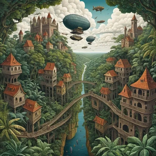 Prompt: Colored oil painting of a jungle in M.C. Escher style, detailed vector art , airship , houses , castle , bridges , animals , sky , clouds  , highres, detailed, M.C. Escher style  , vector art, detailed, colored, heaven, detailed