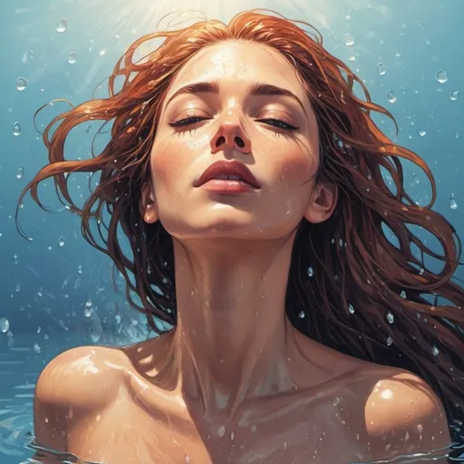 Prompt: Graphic novel style, vector art, 
a woman emerging from water, taking a deep breath , radiant sunlight filtering through the surface, detailed water droplets on skin, serene expression, flowing hair, vibrant colors, detailed skin texture, peaceful atmosphere