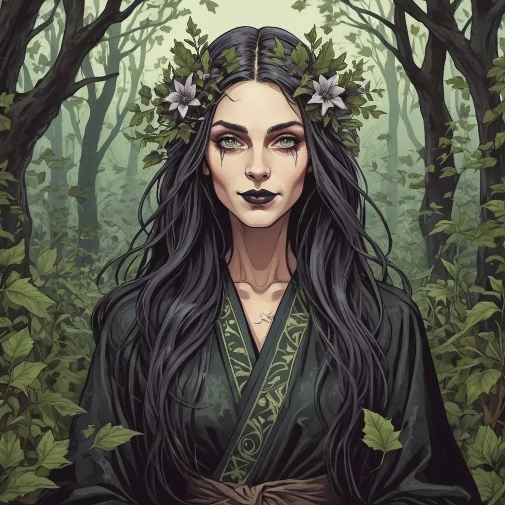 Prompt: M.c.escher style,  Grapic novel style, vector art, colored,  45-year-old forest witch, long and extreme straight hair,  diabolic smile , pale face , long black fingernails, dark lips , flowers and leafs in hair , leafs and gras robe