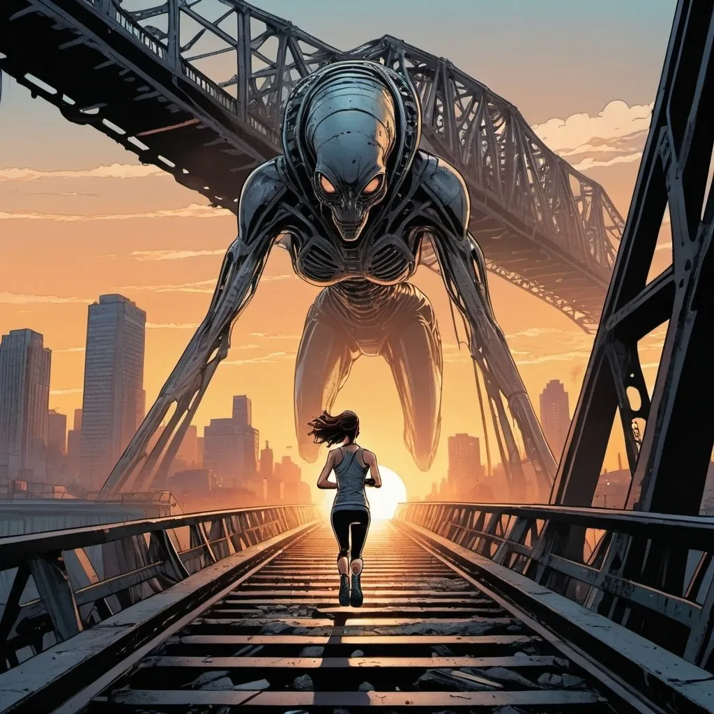 Prompt: Graphic novel style,  a woman running across a collapsing steel bridge , city scene , sunrise,  alien attac,  lasers