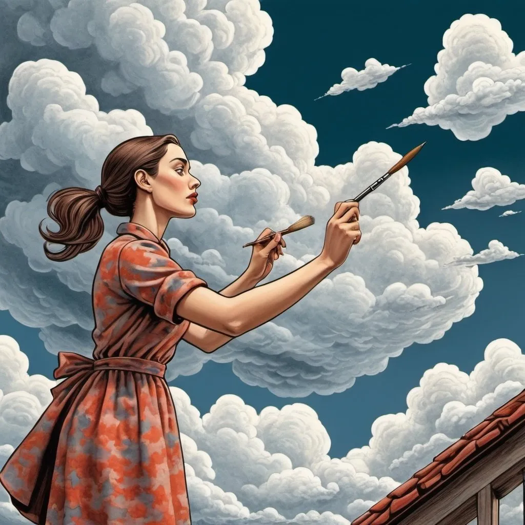 Prompt: Graphic novel style,  colored , a woman with a paint brush paints clouds in the sky, M.c.escher 