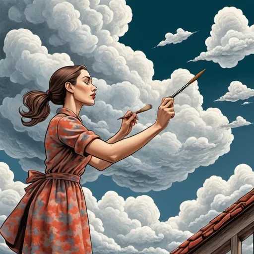 Prompt: Graphic novel style,  colored , a woman with a paint brush paints clouds in the sky, M.c.escher 