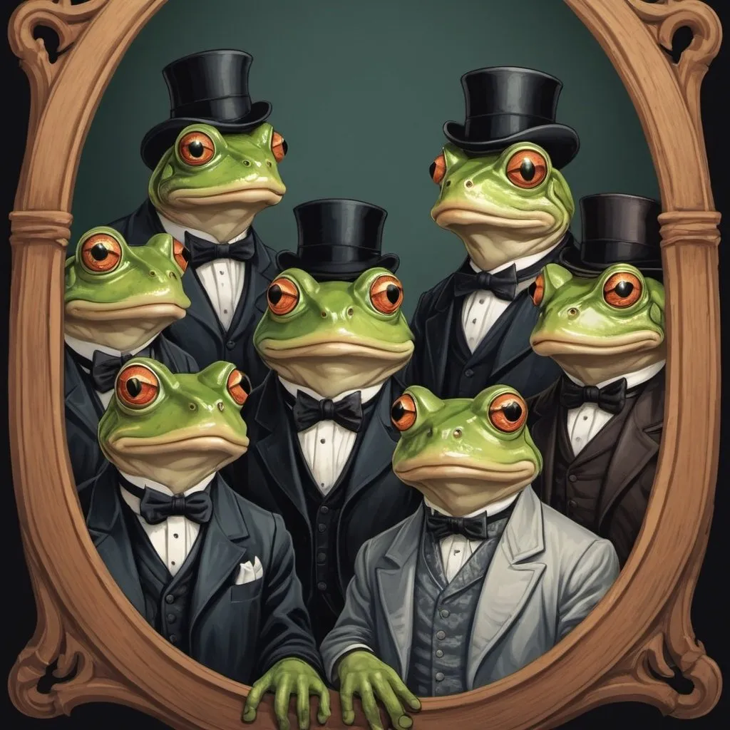 Prompt: M.c.Escher style,  graphic novel style , vector art, a group of five frogs with victorian clothes  , moustaches