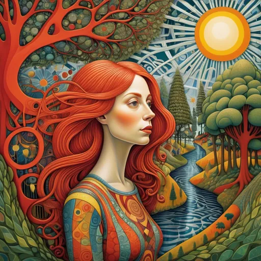 Prompt: Hundertwasser and M.c.escher,  a woman with red hair , sun , trees