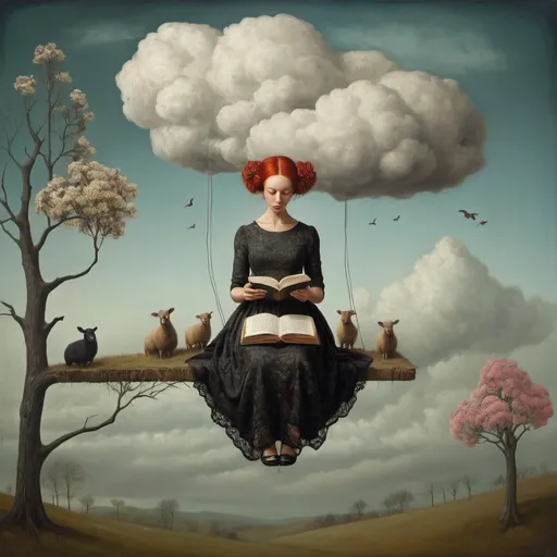 Prompt: Surrealistic oil painting , she is sitting on a steel wire in the air , she reads a book in her hands, flowers in hair , redheaded 40-year-old woman with a lace dress with flower patterns ,  long and extreme straight hair , clouds ,  one single black sheep , tower , trees , Contemporary Surrealism, Catrin Welz-Stein, Thomas Dodd, Andrea Kowch, Salvador Dali , M.C.Escher