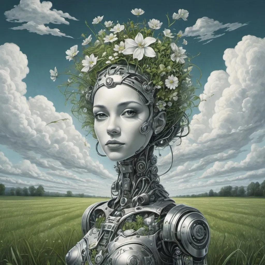 Prompt: M.c.escher style,  a monochrome silver colored robot woman with gras and flowers in head in a infinite green field , clouds   blue sky