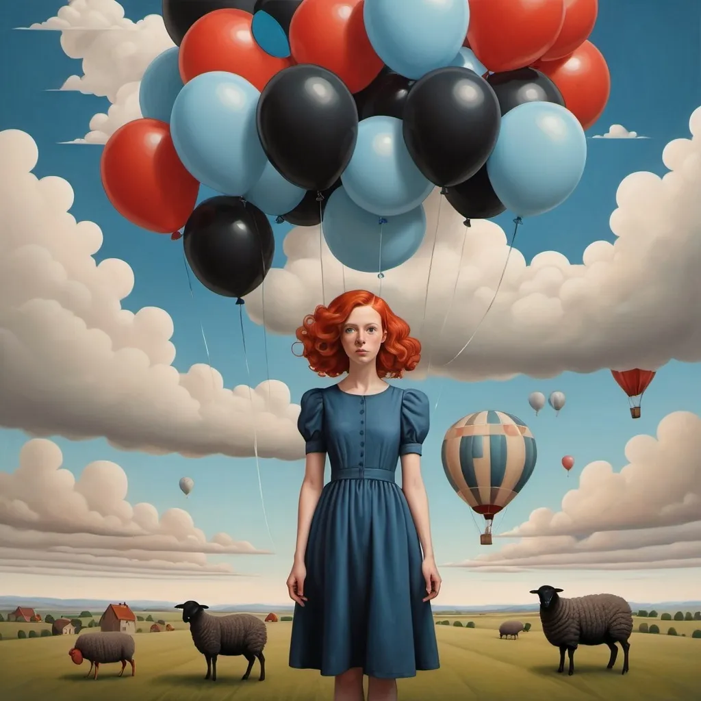 Prompt: Surrealism , colored, Meredith Frampton inspired,  clouds  , black sheep standing on ground , balloons,  flying tower hanging on baloon , redheaded woman in blue dress