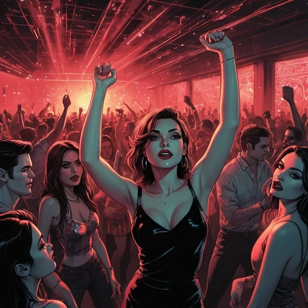 Prompt: Graphic novel illustration,  a lot of  people dancing wild in a modern club on dancefloor with arms up in the air looking to camera , steam , Lasers , extreme red lighting,  2020s , glamorous sequin outfits , tattoos , graphic novel illustration , detailed facial features, detailed eyes , high contrast, dark and moody colors, professional, expressive eyes, atmospheric lighting,  detailed, dark colors, dramatic, graphic novel illustration,  2d shaded retro comic book 