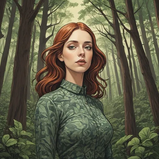 Prompt: M.c.escher style,  Graphic novel style, Vector art, color, a forest woman 