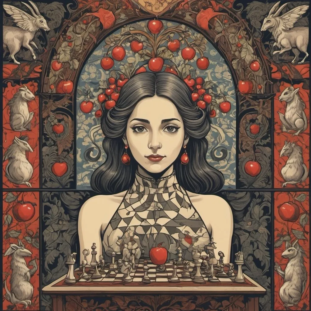 Prompt: style of M.c.escher, colored,  four stories high,  a peruvian woman , proud face expression, windows ,  chess,  insects , cherries , apple , art nouveau wallpaper, dark and stormy atmosphere