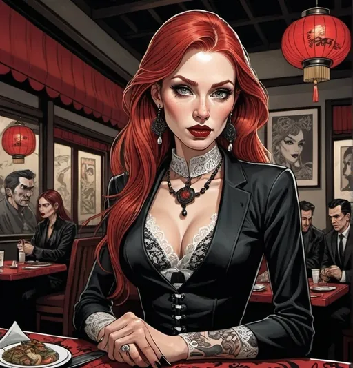 Prompt: M.c.escher-style , cartoon graphic novel,  a 45-year-old beautiful redheaded woman , chinese Restaurant,  tattoo , sword , scarface , long and extreme straight  hair , neclace ,  earrings , with a wide round brim,  black lace dress with white dots , long black jacket , pleated skirt , extreme red lips , very long eyelashes  , white face with dark Make-up , intense facial expressions,  Long nose, very diabolic smile ,  Dark eye shadows (black Color), full Body, head to toe , detailed facial features, high contrast, vintage comic style, dark and moody colors, detailed lace, professional, expressive eyes, atmospheric lighting,  detailed, dark colors, dramatic