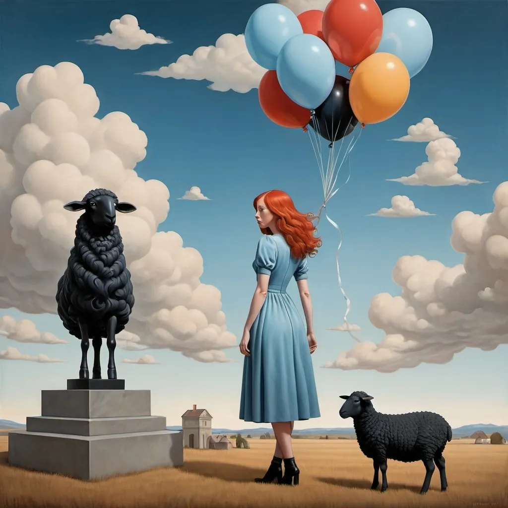 Prompt: Surrealism , colored, Meredith Frampton inspired,  clouds  , black sheep standing on ground , balloons,   a statue, 40-years-old redheaded woman in blue dress with mirror in hand , long and extreme straight hair 