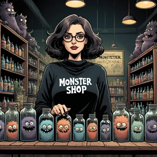 Prompt: Graphic novel style, vector art style, will eisner style,  colored , a woman with glasses wearing a black garment in a shop with fluffy sweet monsters in bottles , a big sign with inscription  'monster shop' , upper body view , dark atmosphere, 