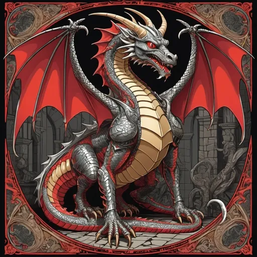 Prompt: Will eisner style,  Grapic novel style, Vector art Style,  A dragon  with long twisted horns in a M.C. Escher-inspired patterned shiny colored armored  body , patterned dragon  wings ,  snake tongue ,  full body view , red firy eyes , ancient knight hall