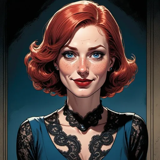 Prompt: Will eisner style illustration , a 40-year-old redhead woman, dark eyes and freckles , hair with undercut , diobolic smile , black dress , extreme red lips , blue eyelids ,  sureal  crazy world , full Body, head to toe, graphic novel, detailed facial features, high contrast, vintage comic style, dark and moody colors, detailed lace, professional, expressive eyes, atmospheric lighting,  detailed, dark colors, dramatic, graphic novel illustration,  2d shaded retro comic book