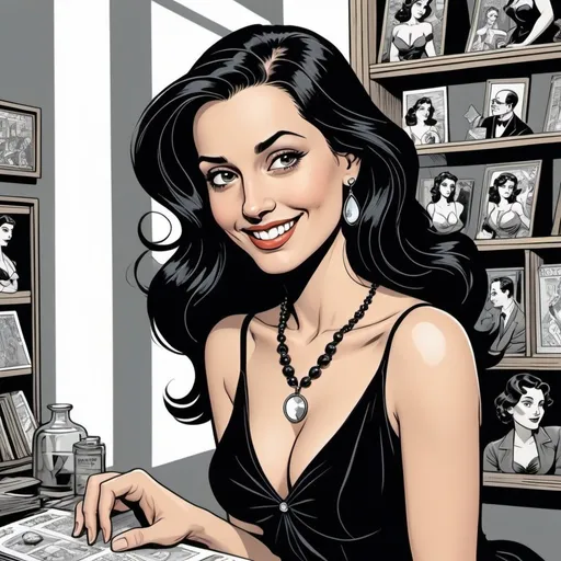 Prompt: Will eisner style,  graphic novel style,  vector art style , a blackhaired woman , face of Michel  keagan , black dress, smile ,cleavage, neclace , M.c.escher inspired 
