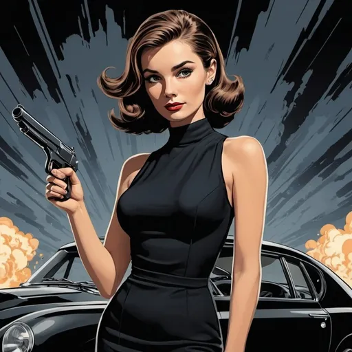 Prompt: Will eisner style, graphic novel style,  vector art style ,james-bond-like movie poster, color, a female James bond in james-bond-pose wirh gun , long hair with undercut, 
 face of audrey Hepburn, black dress , explosion in background , aston Martin,   graphic novel style,  vector art.  M.c.escher inspired 