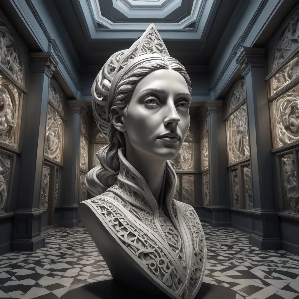 Prompt: M.C. Escher-inspired 3D rendering of a stunning 35-year-old woman statue in Museum, intricate, mind-bending museum,  surreal lighting, high definition, detailed features, surrealism, 3D rendering, beauty, Escher-inspired, surreal museum,  detailed sculpture, surreal lighting, high definition