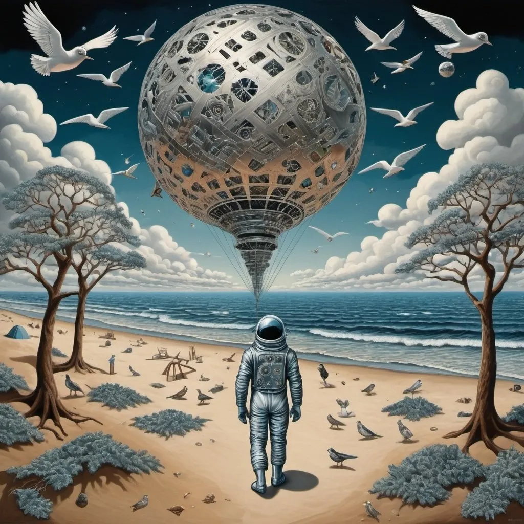 Prompt: M.c.escher style, metalic  spaceman on beach , clouds,  birds , trees , antenna , psychedelic sky