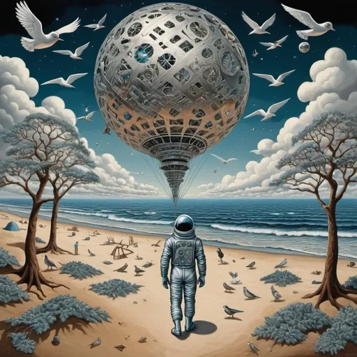 Prompt: M.c.escher style, metalic  spaceman on beach , clouds,  birds , trees , antenna , psychedelic sky