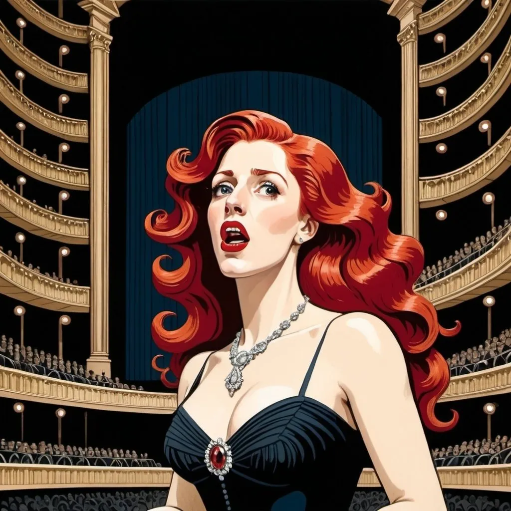 Prompt:  M.c.escher art style,  a 35-years-old redhaired woman singing on an Opera stage , stage design of La traviata , long and extreme straight hair , red lips , neclace 