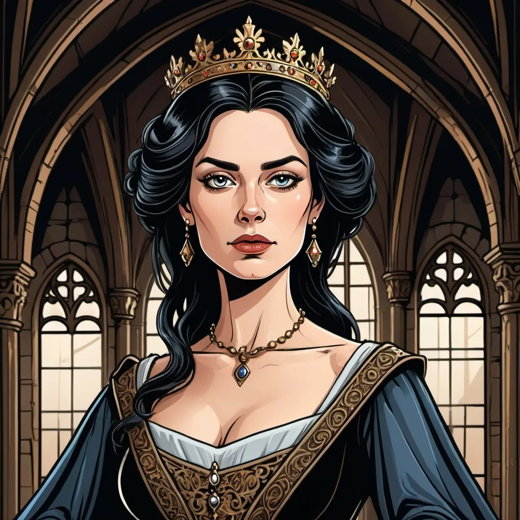 Prompt: Medieval black-haired English Queen in Graphic Novel style, vector art,glamorous hairstyle, Laura Berlin's face, body view, medieval hall, detailed, professional, high quality, vector art, graphic novel, medieval, glamorous hairstyle, dramatic lighting, detailed facial features, regal attic,  Laura Berlin's face, atmospheric setting, historical, royal presence