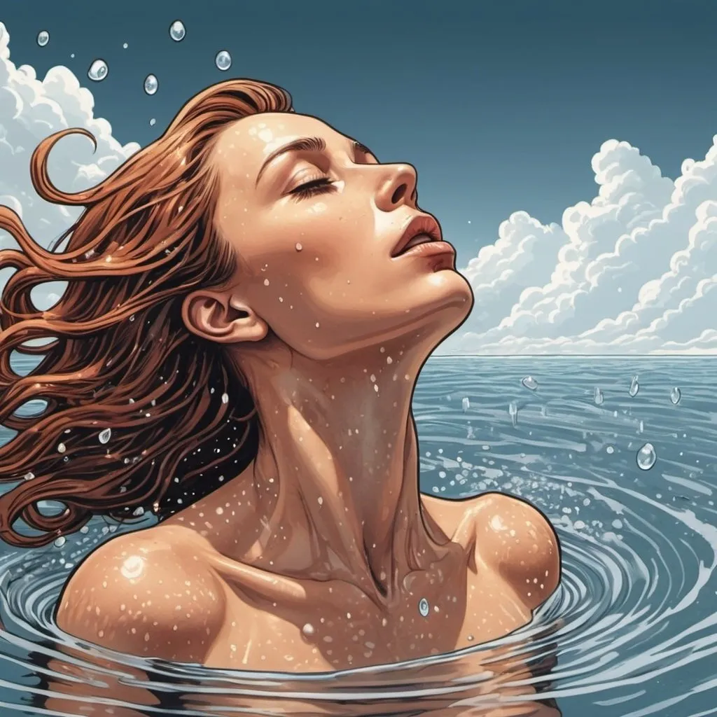 Prompt: M.c.escher style,  Graphic novel style, vector art, a 40-year-old woman emerging from water, taking a deep breath , radiant sunlight filtering through the surface, detailed water droplets on skin, flowing hair , beach , clouds
