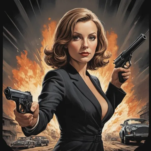 Prompt:  Will eisner style,  james-bond-like movie poster, color, a female James bond in james-bond-pose wirh gun , long hair with undercut, 
 face of greta garbo,  explosion in background , aston Martin,   graphic novel style,  vector art.  M.c.escher inspired 