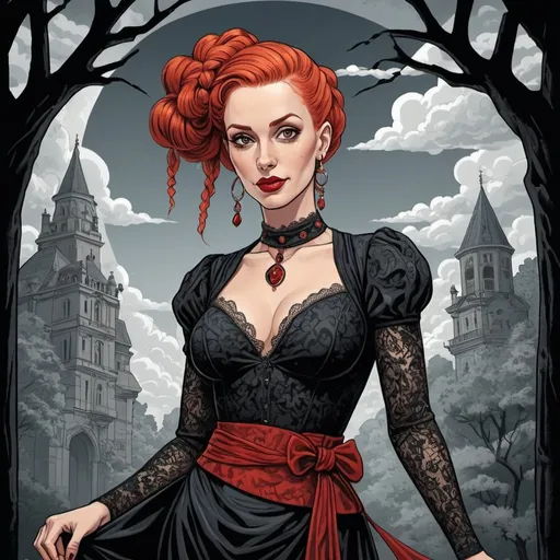 Prompt: Graphic novel illustration,  vector art style , m.c.escher, surrealistic art , full body view,  35-year-old vampire woman with straight red hair with braids , wearing an ancient black lace garment with cleavage and a red belt, red lips, clouds , trees , tower, spider,   round earrings, dark eyelashes, necklace, diabolic smile, high-quality, image in vector style, digital art, detailed features, elegant pose, vibrant colors, professional 