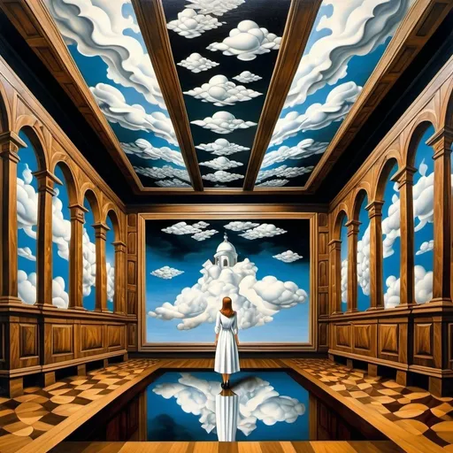 Prompt: M.C.Escher style , a wall full of Renaissance oil paintings , woman on white dress standing in room , full Body , water , clouds 