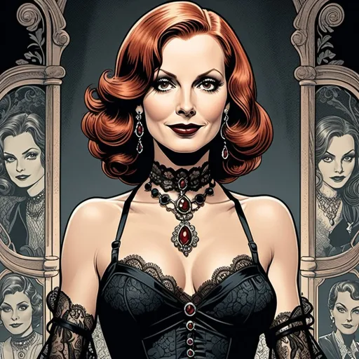 Prompt: Will eisner style illustration , a 45-year-old redhead woman  with face of greta garbo with dark eyes with long eyelashes with lace mask ,  tattoos , long hair , black lace dress , lace belt , cleavage, dark red lips, neclace , earrings , very diobolic smile , Long nose , Dark eye shadows (black Color), full Body, head to toe,  graphic novel, detailed facial features, high contrast, vintage comic style, dark and moody colors, detailed lace, professional, expressive eyes, atmospheric lighting,  detailed, dark colors, dramatic, graphic novel illustration,  2d shaded retro comic book