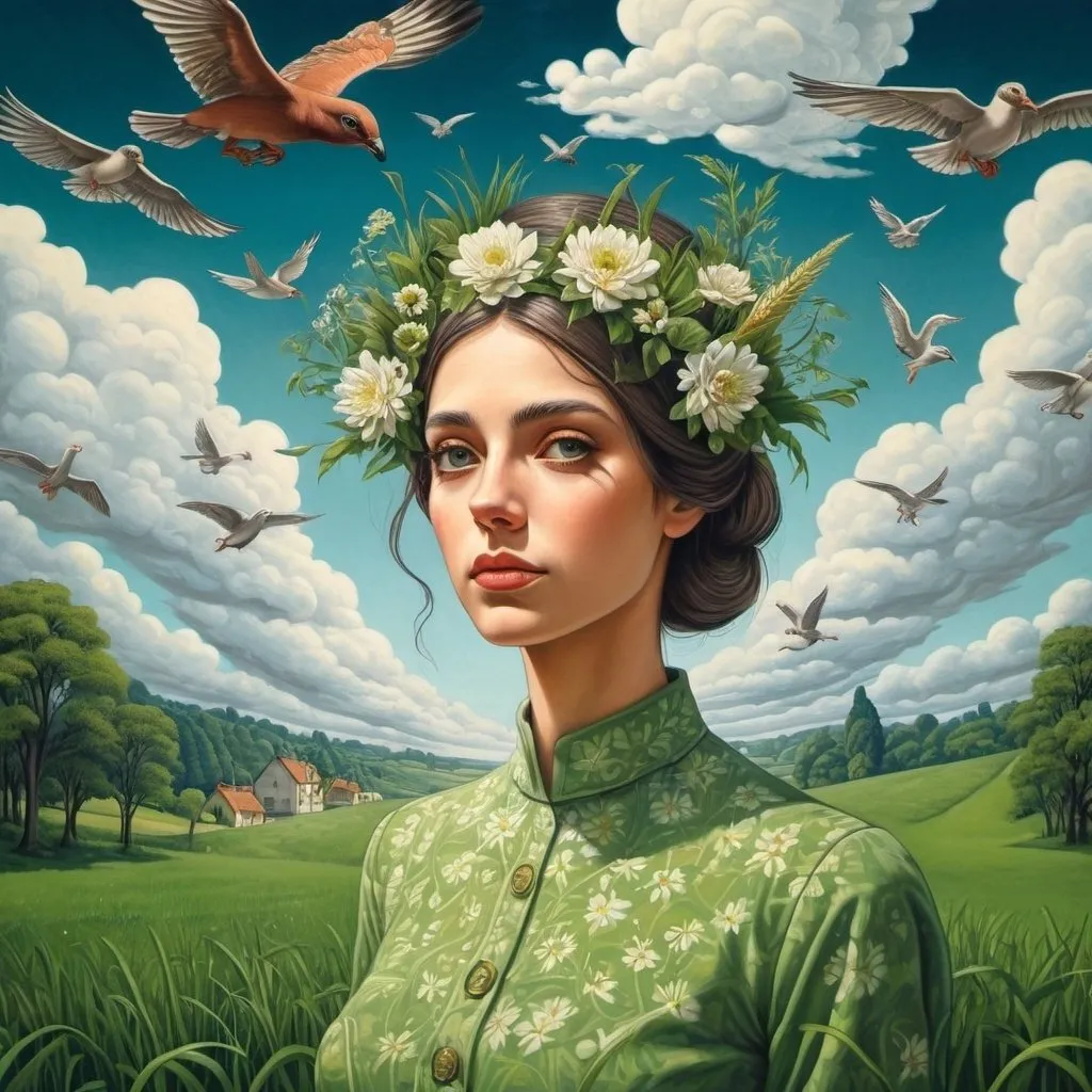 Prompt: M.c.escher style,  a beautiful 30-year-old woman with gras and flowers in head standing in a infinite green field , closed eyey , upper body view , clouds , trees , birds , bridge ,blue sky