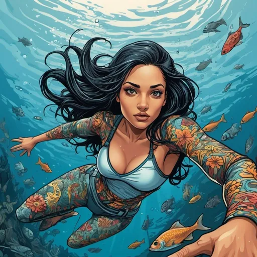 Prompt: M.C. Escher-inspired vector art of a stunning 35-year-old Peruvian woman diving in the ocean , beach, graphic novel style, long straight black hair, beautiful with tattoos, wet body, cleavage, summer dream, colored, reef,  fishes, high quality, detailed tattoos, wet hair, graphic novel, stunning, M.C. Escher-inspired, vector art, summer colors, pool reflection, artistic, professional