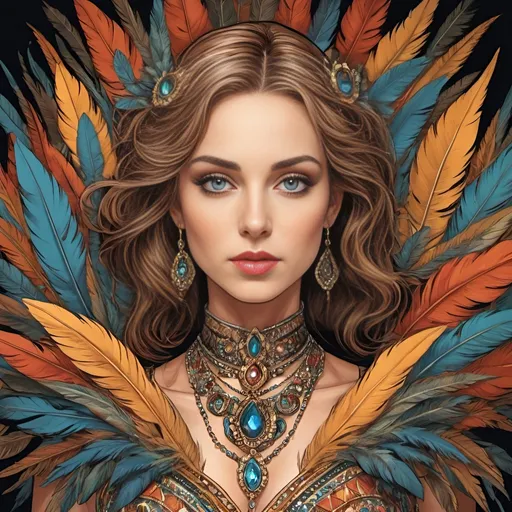 Prompt: M.c.Escher style , graphic novel style , vector art style,  color , A woman with a extraordenary dress made of colored feathers,  face of sofia helin, belly button , neclace 