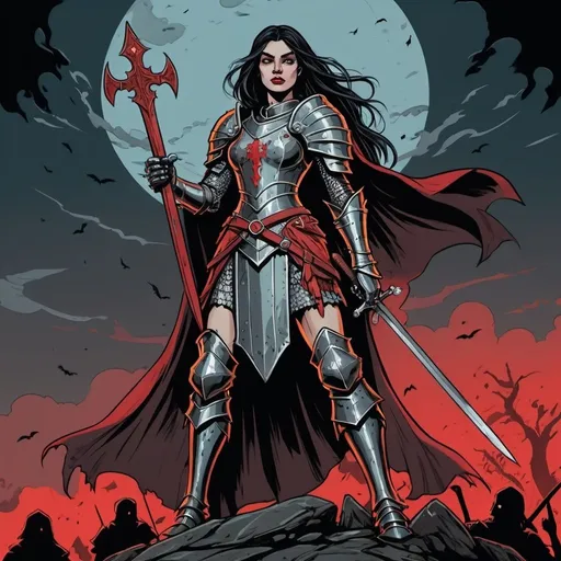 Prompt: Graphic novel illustration of a 35-year-old female medieval knight in battle standing on a rock, long straight black hair, distinctive long nose, red lips , long eyelashes,  diabolic smile,  wielding a sword and shield with coat of arms, night setting with a lot of dead bodies and blood, vector style, Will Eisner-inspired, intense and dark, detailed armor, dramatic lighting, high quality, atmospheric