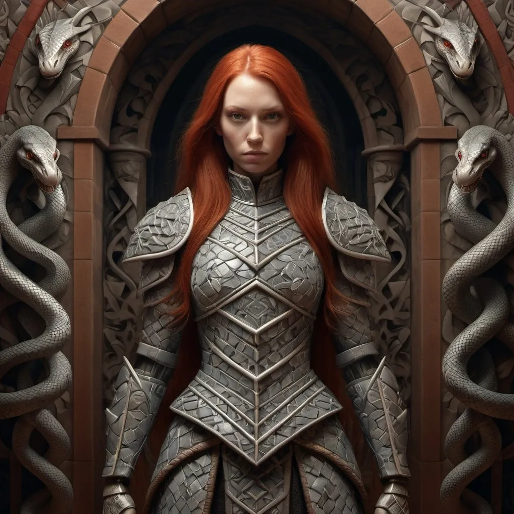 Prompt: A woman in a M.C. Escher-inspired 3D rendering snake patterned  armor, long and extreme straight red hair, shield and sword , ancient knight hall,  intricate,  surreal lighting, high definition, detailed features, surrealism, 3D rendering, beauty, surreal lighting, high definition