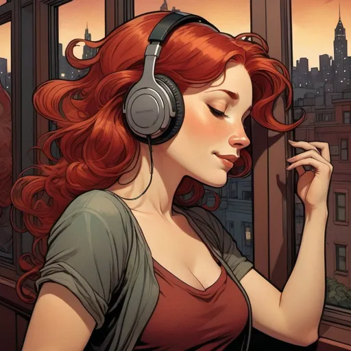 Prompt: Will eisner style, graphic novel style 
,  30-year-old redheaded woman with long eyelashes , eyes closed, dancing , smiling , dark red t-shirt, tattoo,  wireless headphones , hands on headphones , listening to music ,  livingroom , LPs , face to camera , window , big city , at night , full body , detailed, dark colors, dramatic, graphic novel illustration, Vector Style 