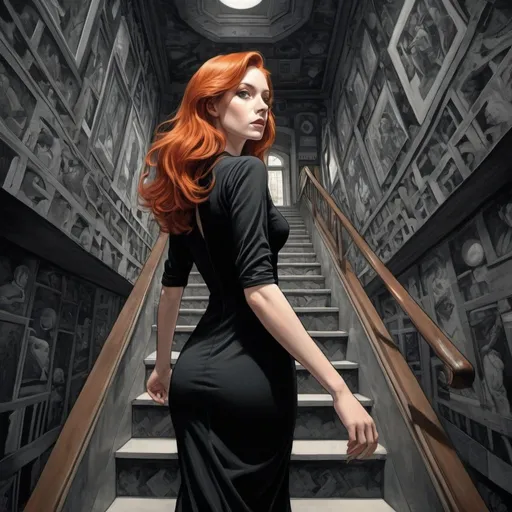 Prompt: M.C. Escher-style, graphic novel style , infinite space with a redheaded woman in black dress, walking down the stairs, looking towards camera, stairs,  colored, professional, detailed woman, extreme surreal, infinite perspective, atmospheric lighting