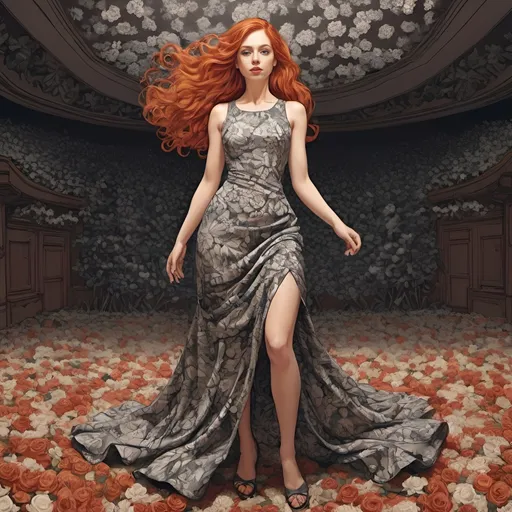 Prompt: Grapgic novel style , digital vector style,  A redheaded woman in a dress completely made of flowers ,posing on a stage , detailed,  M.c.escher 