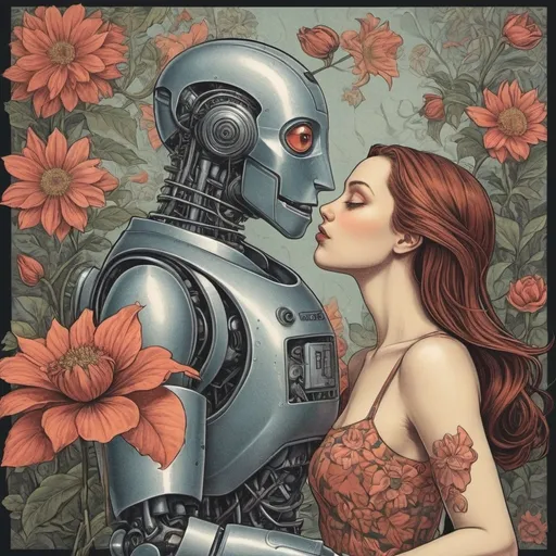 Prompt: M.c.escher style, colored ,  the robot-woman is in Love with a flower