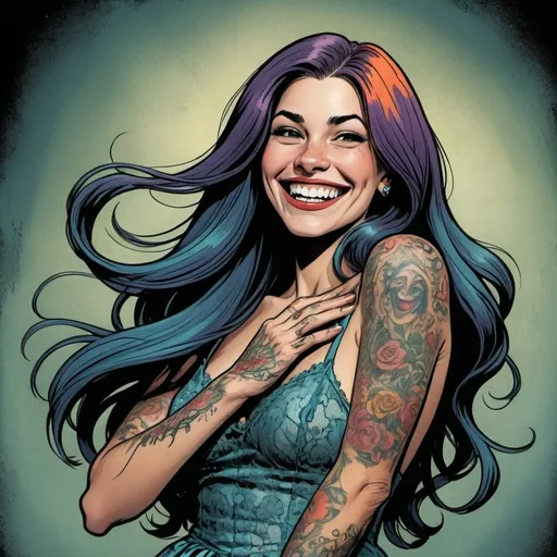 Prompt: Graphic novel style, colored,  portrait of a woman with very big smile , long and extreme straight hair , hands waving , tattoos  , colorful lace dress , will eisner style 