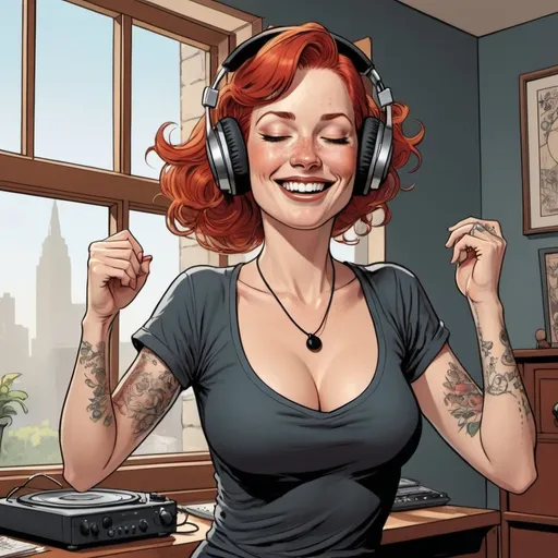 Prompt: Will eisner style, A 40-year-old redheaded woman, long eyelashes, eyes closed , dancing , dark red t-shirt wirh white dots,  tattoo , cleavage , headphones , hands on headphones,  listening to music ,  livingroom , face to camera , window , sunny day , full body , smiling , detailed, dark colors, dramatic, graphic novel illustration, Vector Style 