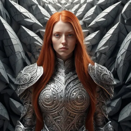 Prompt: A woman in a M.C. Escher-inspired 3D rendering armor, long and extreme straight red hair, field, 
 intricate,  surreal lighting, high definition, detailed features, surrealism, 3D rendering, beauty, surreal lighting, high definition