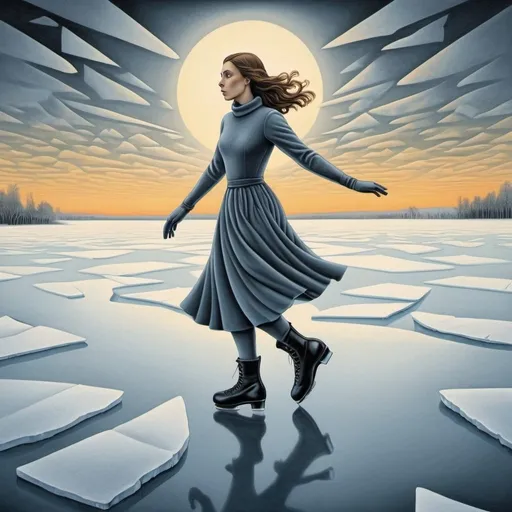Prompt: M.c.escher Style , woman is iceskating away on the thin ice of a New day