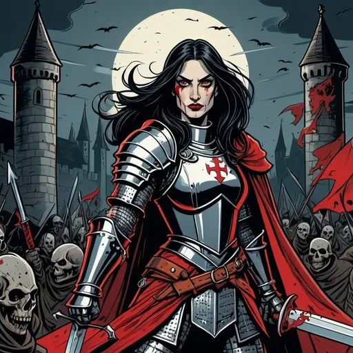 Prompt: Graphic novel illustration of a 35-year-old female medieval knight in battle, long straight black hair, distinctive long nose, red lips , long eyelashes,  diabolic smile,  wielding a sword and shield with coat of arms, night setting with a lot of dead bodies and blood, vector style, Will Eisner-inspired, intense and dark, detailed armor, dramatic lighting, high quality, atmospheric