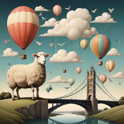 Prompt: Surrealism , colored, meredith Frampton inspired,  clouds , birds ,  sheeps , balloons,  tower , bridge