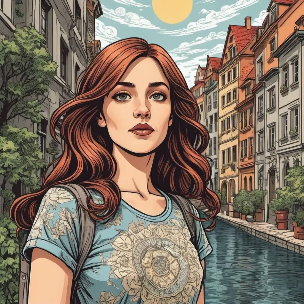 Prompt: graphic novel style,  vector art, colored, she is a summer dream , Escher-inspired 