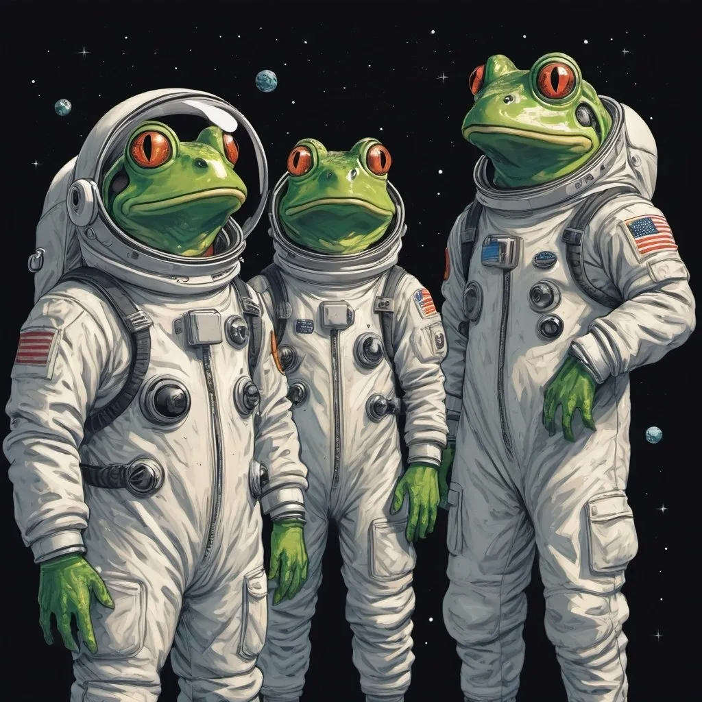 Prompt:  graphic novel style,  vector art,  frogs in astronaut suits