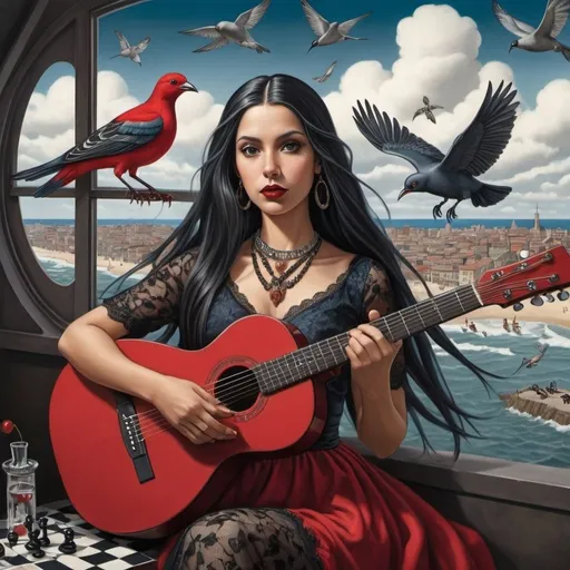 Prompt:  M.c.Escher style image looking out of window , image of a beautiful blackheaded Peruvian woman with grey strands of hair playing guitar stinding in city , airship , cherries , birds , some ants , a chess Board,  proud face expression, dark red lips , black lace dress , Make-up , a huge protesting crowd,  blue-grey-red flags , front view, long straight hair , beautiful, necklace, intense gaze, high quality, atmospheric lighting, beach setting, detailed hair, dramatic clouds, professional, captivating